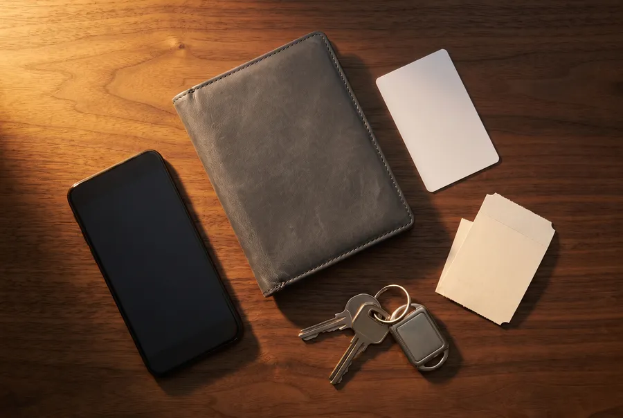 Travel wallet, card, keys and phone on a table