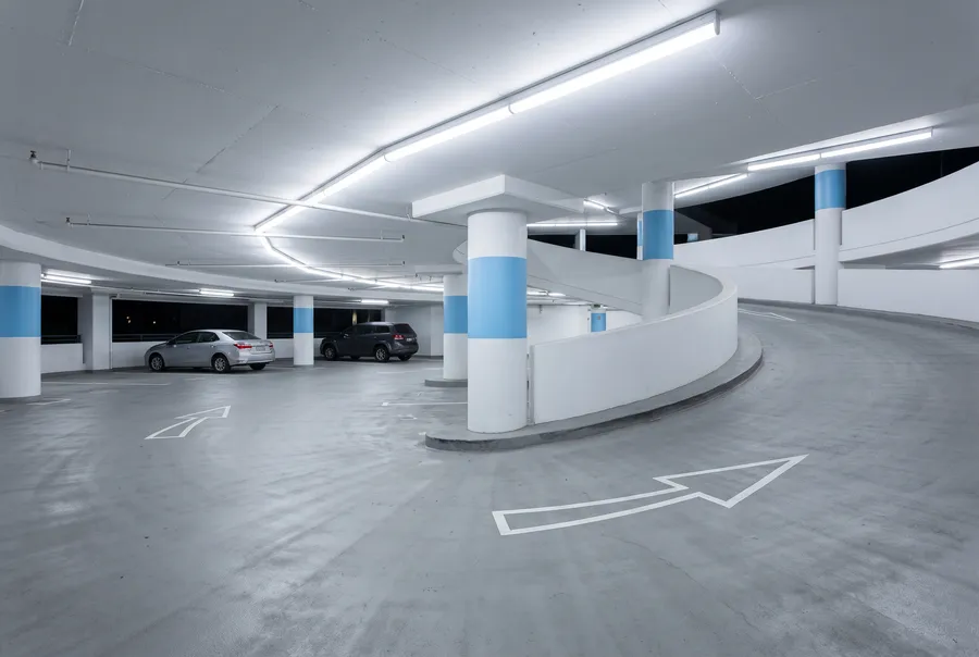 Ramp inside an empty parking garage at night