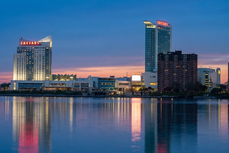 Caesars Windsor across the Detroit River at blue hour